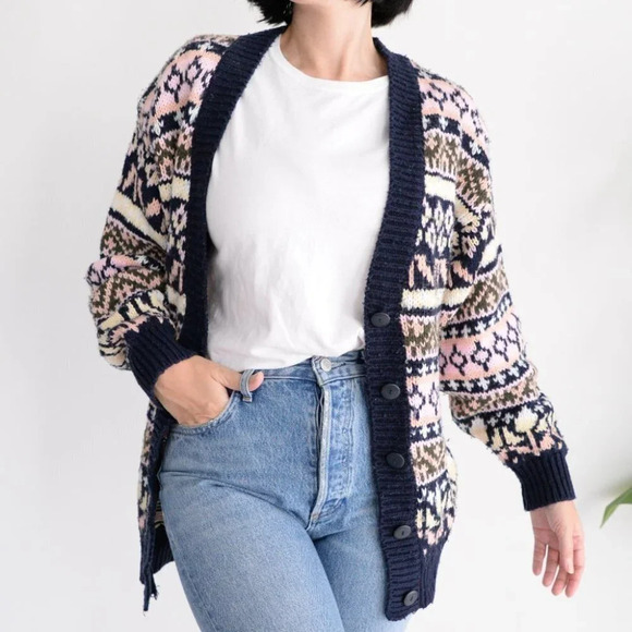 Vintage Pure Stuff Navy and Pink Knit Button Cardigan  Size Small - Picture 3 of 12